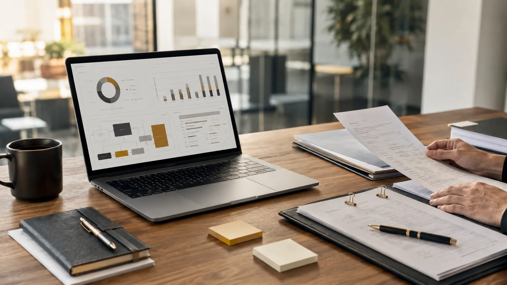 An operations workspace with reporting and planning materials.