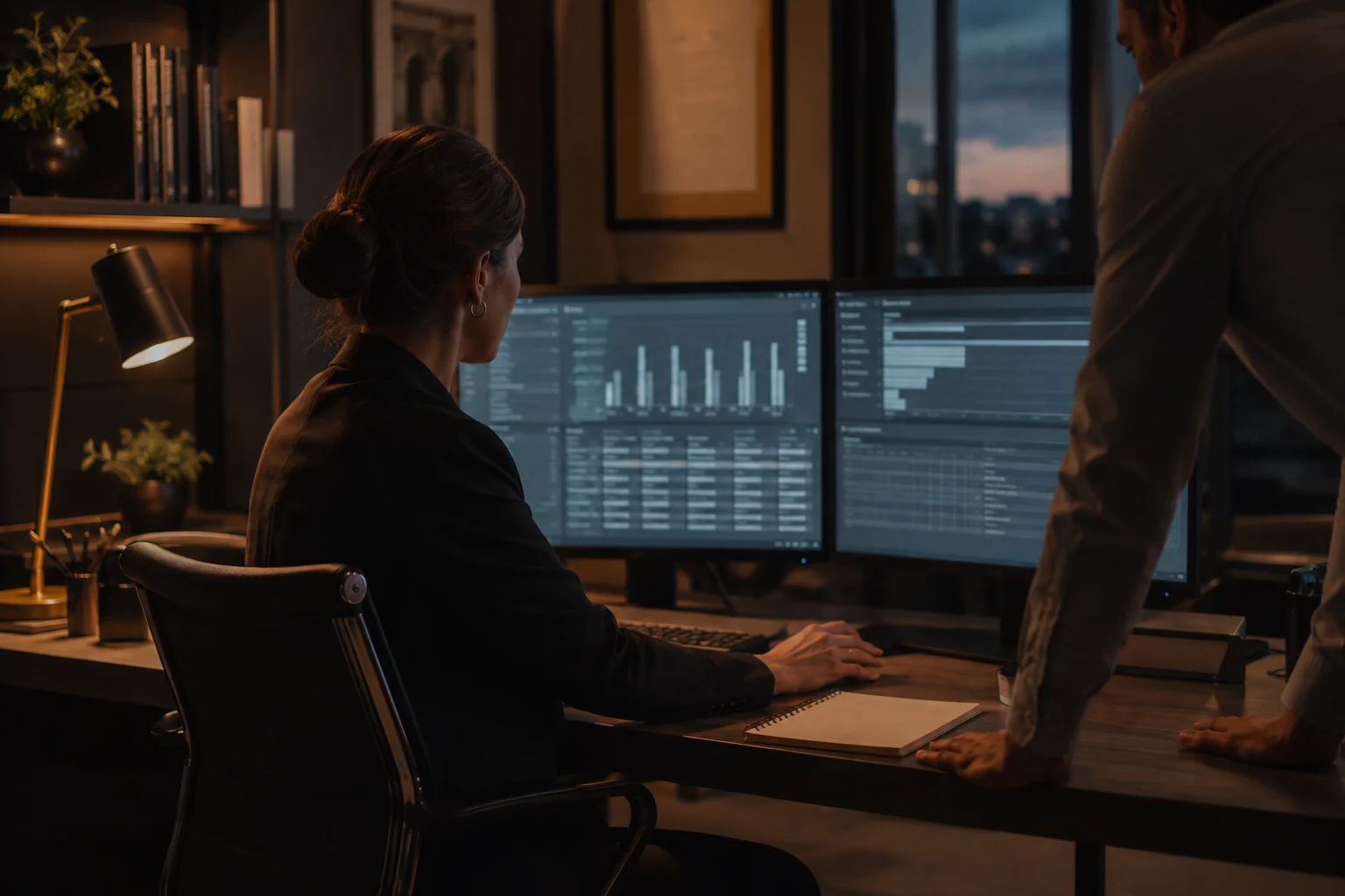 An operations team reviewing reporting at a workstation.